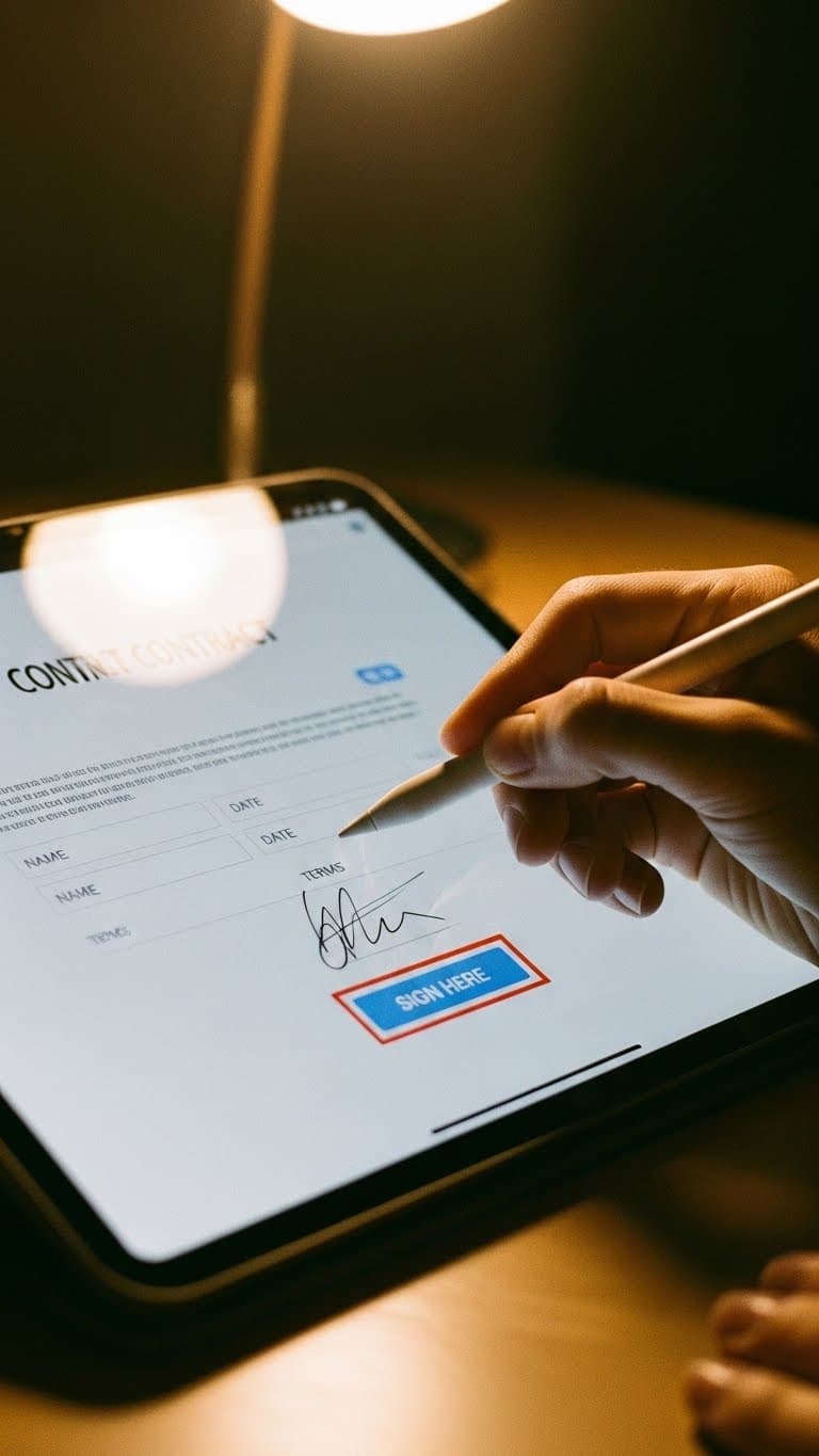 O cliente assina o acordo digitalmente, com total segurança e validade jurídica.